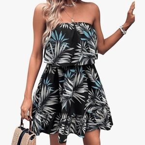 Tropical Black and Blue Strapless Dress